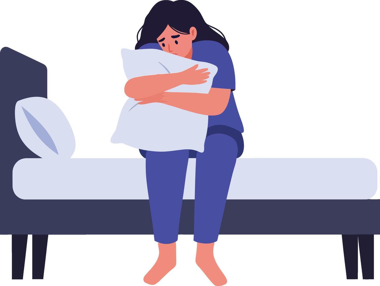 A woman sitting on a bed hugging a pillow while wearing blue pajamas in a flat illustration showcasing feelings of contemplation and vulnerability vector