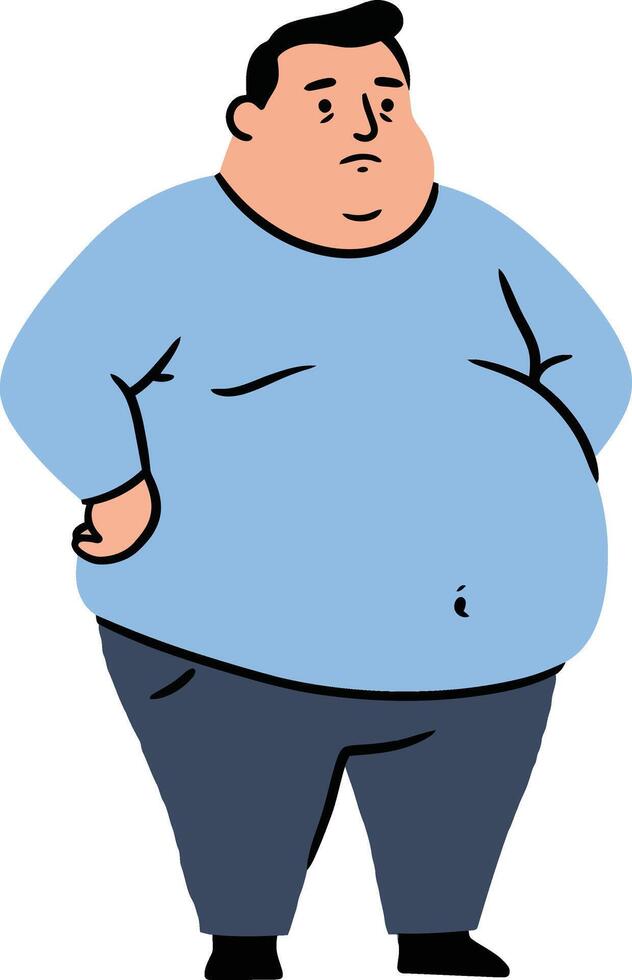 A chubby man standing with hands in pockets, wearing a blue shirt and dark pants, flat cartoon style illustration vector