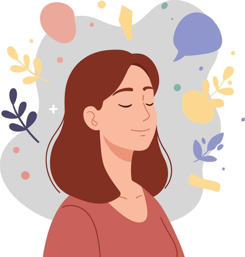 A woman with closed eyes in a relaxed pose surrounded by colorful abstract shapes in a flat illustration vector