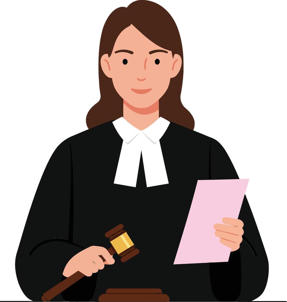 Confident female judge in black robe holding a pink document while preparing to make a decision in a flat art style vector