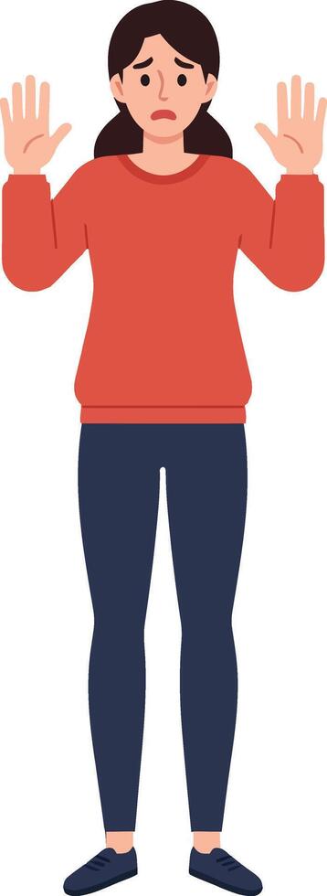 Woman standing with raised hands expressing fear and concern in a flat minimal design style illustration vector