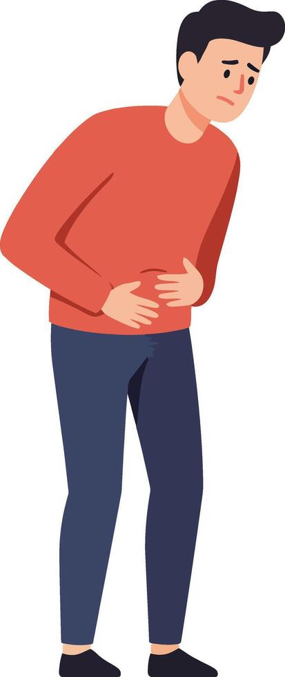 A young man in an orange sweater showing discomfort while holding his stomach in a minimal, flat design style illustration vector