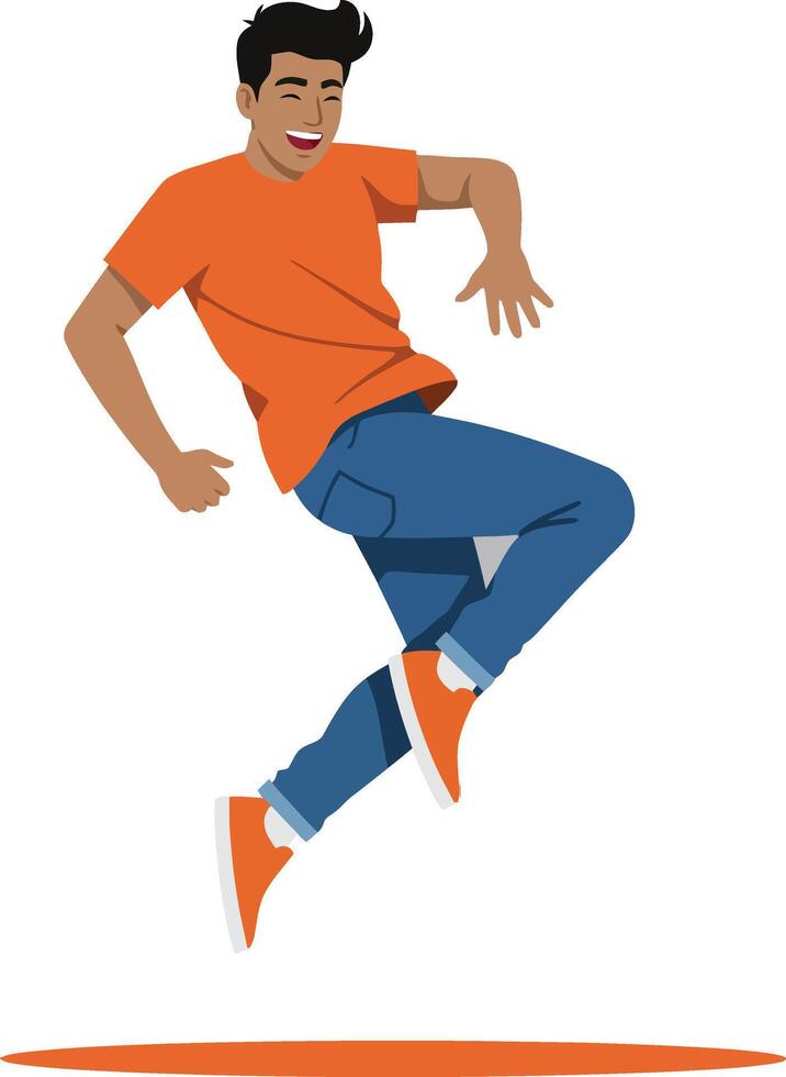 Energetic young man in orange shirt joyfully jumping with enthusiasm in a minimal flat style illustration vector