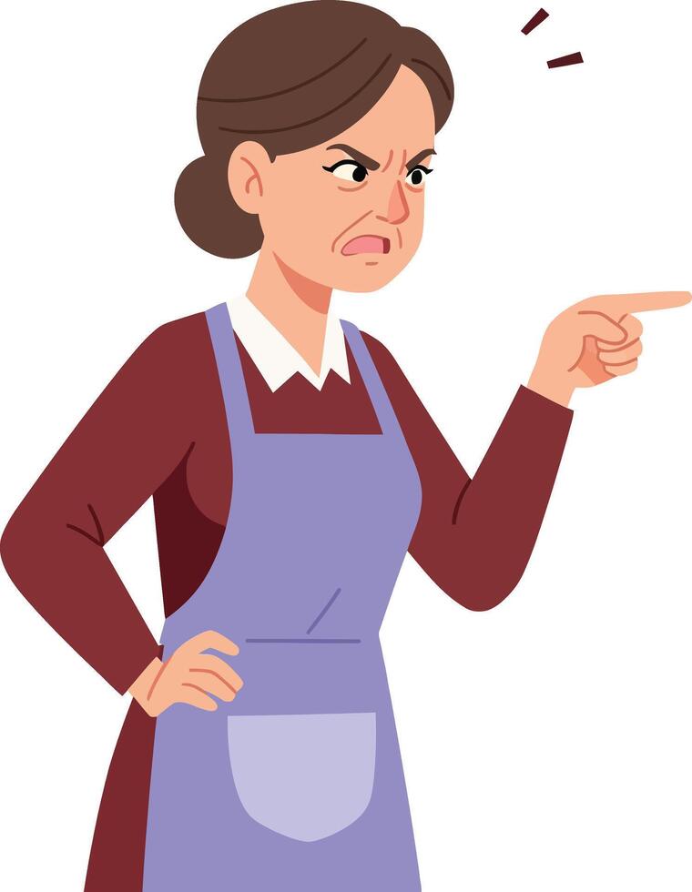 An angry woman in an apron pointing sternly while expressing frustration in a flat illustration style, conveying a sense of authority and disapproval in the scene. vector