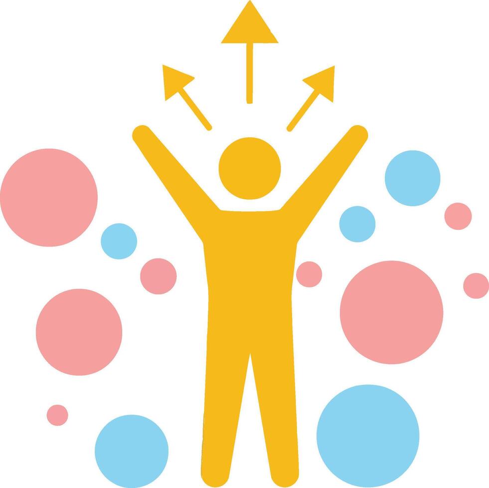 Joyful person celebrating success with raised arms in a colorful, minimal design featuring playful circles and arrows, illustration vector