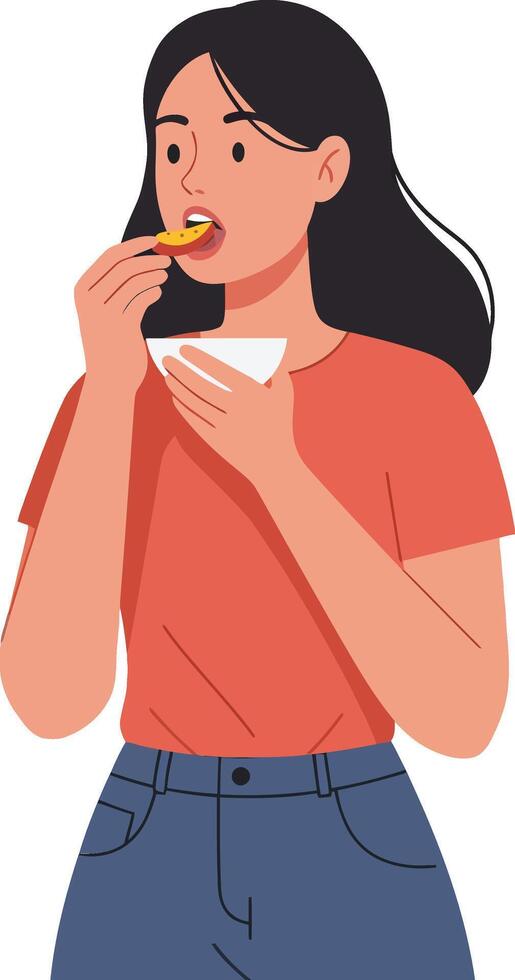 Young woman enjoying a snack while standing with a cheerful expression in a flat and colorful illustration vector