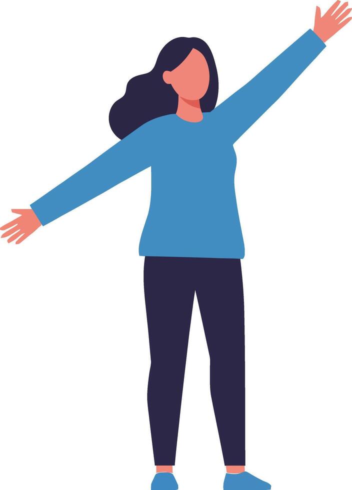 Happy woman in blue sweater and black pants joyfully celebrating with outstretched arms in a minimal illustration vector