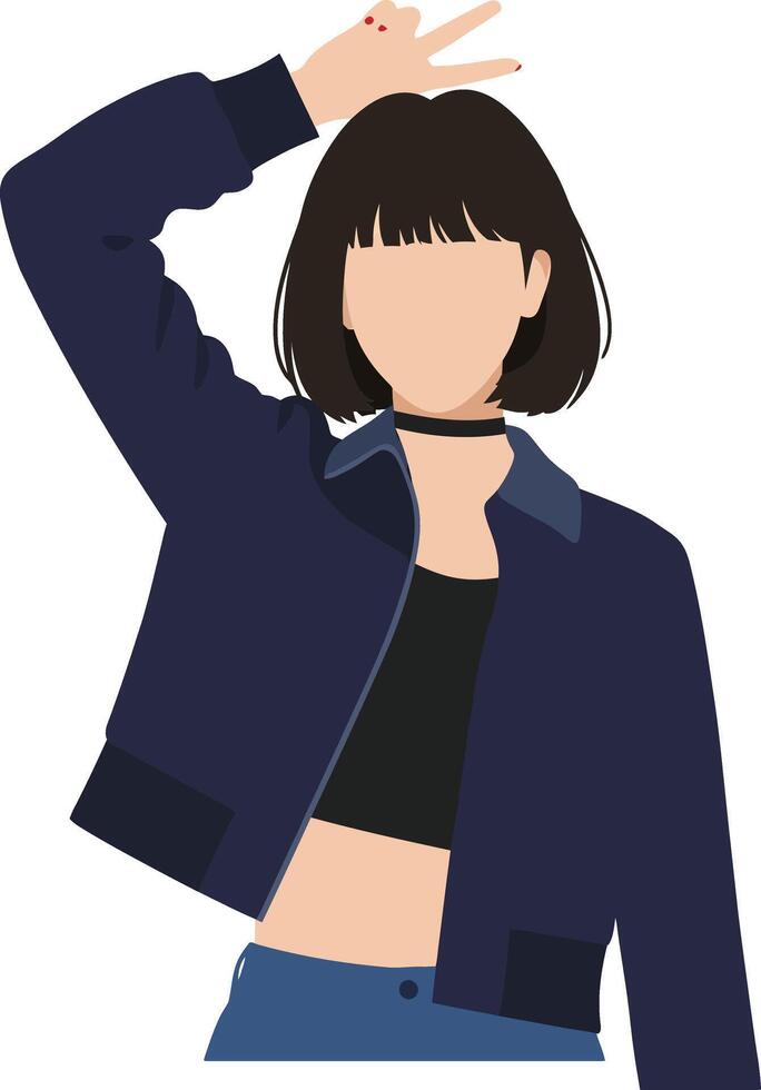 A young woman in a dark blue jacket and black crop top making a peace sign, showcasing a modern flat design art vector
