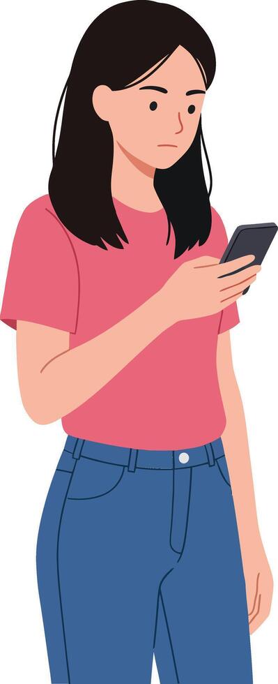 Young woman using smartphone while standing in casual attire, showcasing a minimal and modern design style in illustration vector