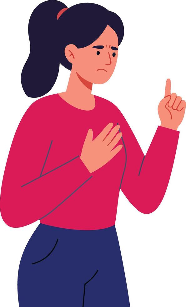 Woman expressing determination in a flat illustration, wearing a red sweater and blue jeans, showcasing a serious mood with a raised finger gesture vector