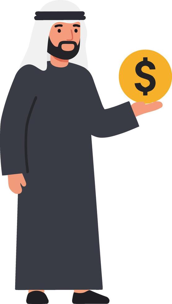 A man in traditional attire holding a golden coin symbolizing wealth in a flat illustration showcasing cultural richness and financial themes vector