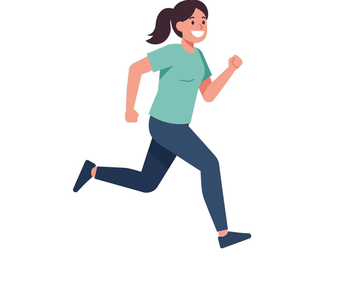 Enthusiastic woman in teal shirt and dark pants running energetically in a flat, colorful style illustration vector