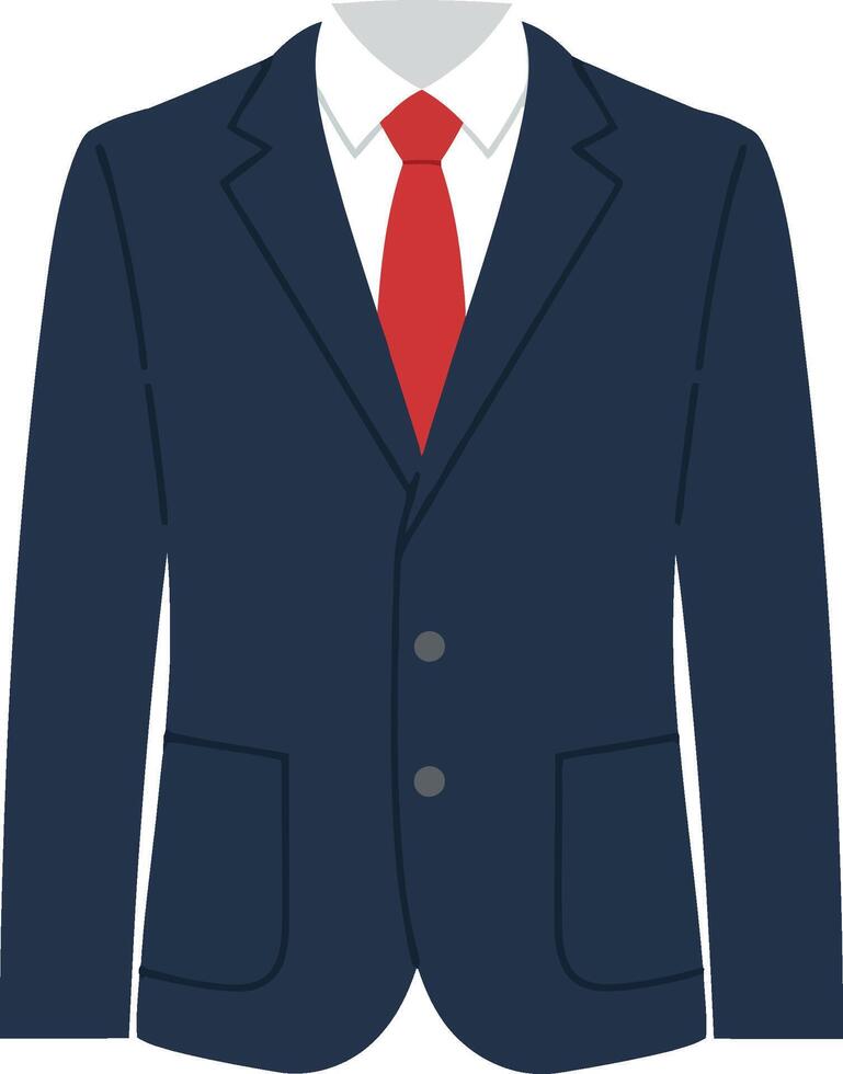 Formal navy blue suit jacket with a crisp white shirt and red tie in flat art style showcasing elegance and professionalism vector