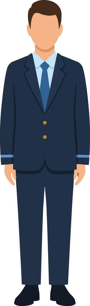 Professional man in a dark suit with a blue tie standing confidently, flat illustration of business attire and demeanor vector