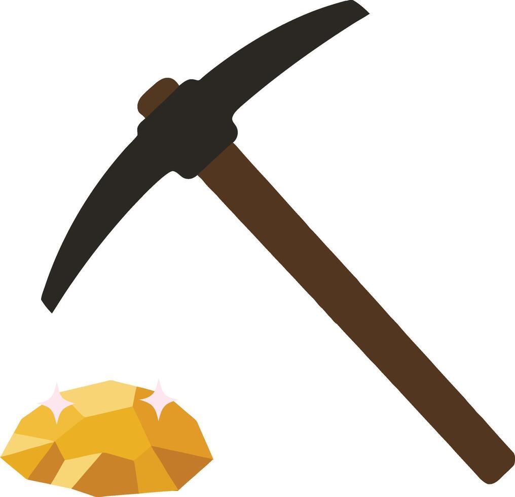 Mining pickaxe resting beside a vibrant gold nugget in a flat design style illustration vector