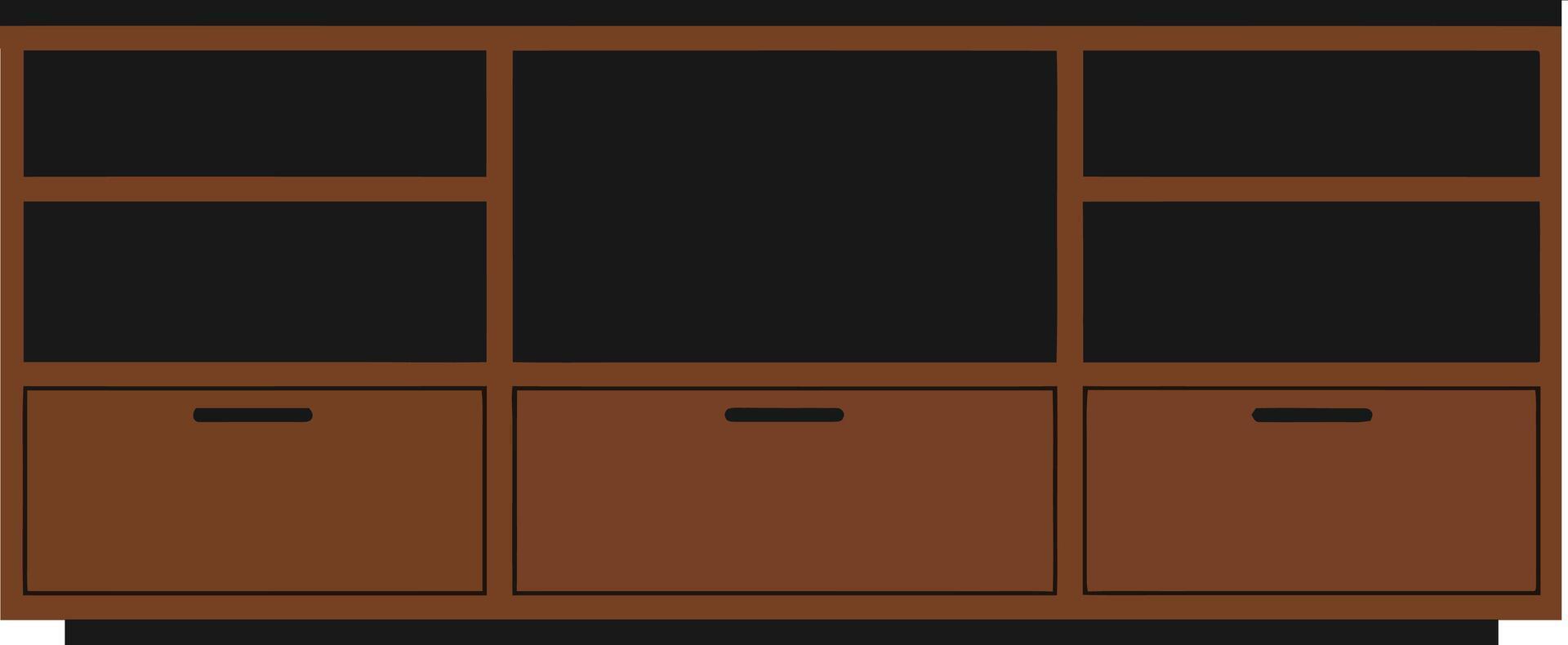 Modern wooden TV stand with sleek design featuring open shelves and drawers in flat art style vector