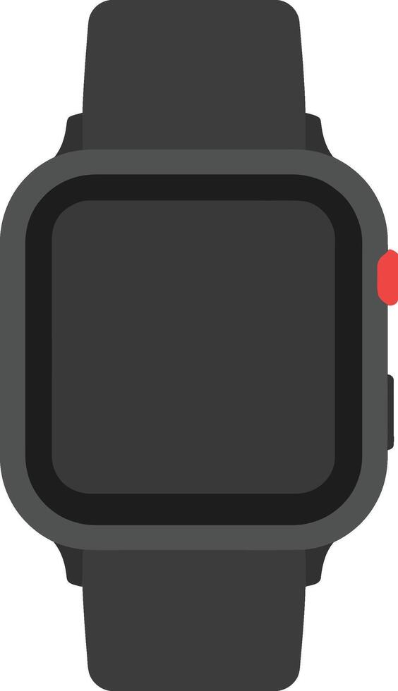Stylish black smartwatch with a minimalist design, featuring a square face and red button, showcased in flat art vector