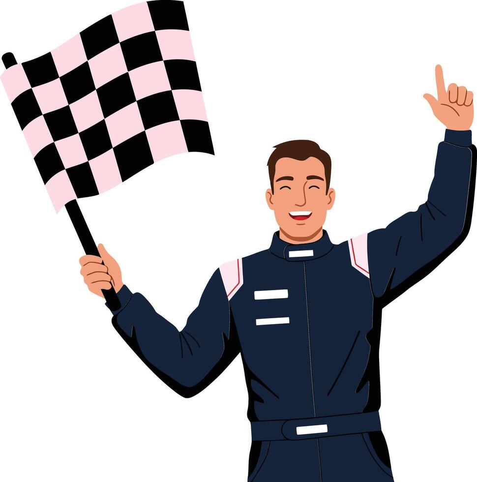 Excited race car driver holding a checkered flag in a flat, colorful illustration celebrating victory and achievement on the racetrack vector