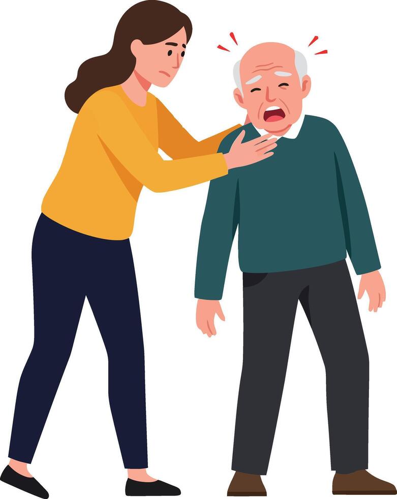 Caring young woman assists distressed elderly man in vibrant flat illustration, showcasing compassion and urgency in a domestic setting vector