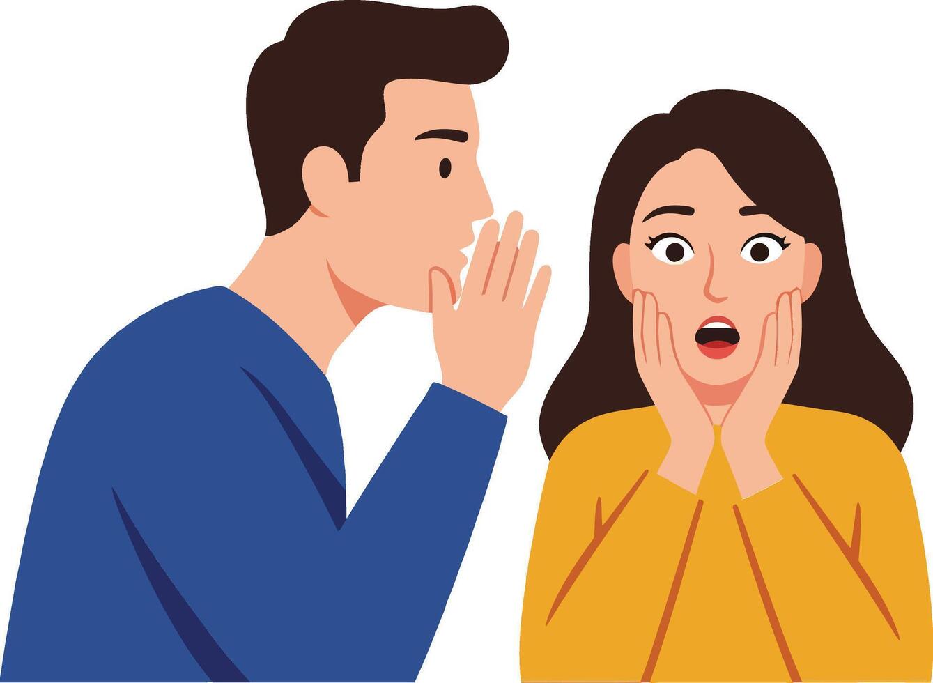 Two people engaged in a secretive conversation, showcasing surprise and intrigue, flat art vector