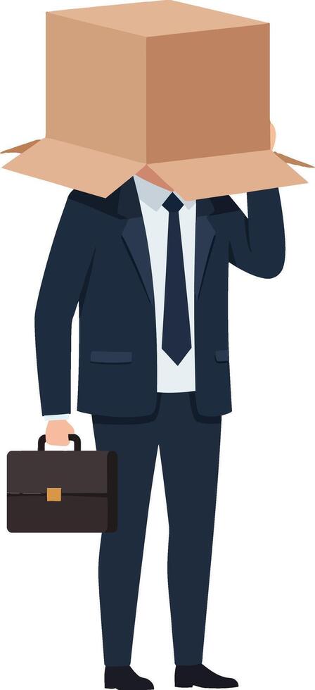 Businessman wearing a cardboard box on his head, dressed in a suit, holding a briefcase, minimal flat illustration vector