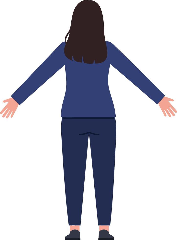A woman with long hair wearing a blue outfit standing with arms outstretched in a minimal flat design illustration vector
