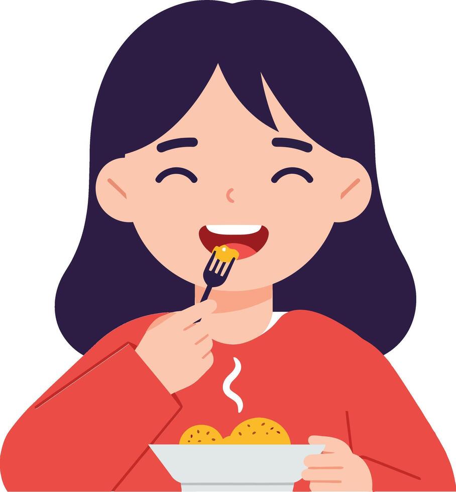 Happy girl enjoying a delicious bowl of food in a minimal illustration style with vibrant colors and cheerful expression, showcasing a joyful dining experience in art vector