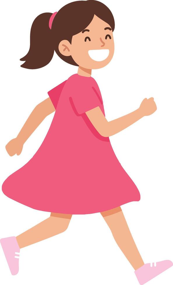 A cheerful girl in a pink dress joyfully running with excitement in a flat illustration style vector