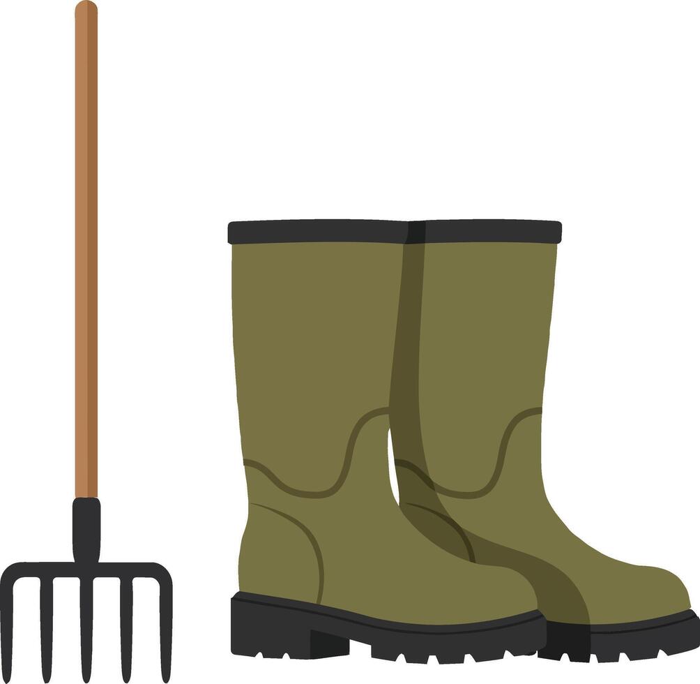 Gardening tools including green rubber boots and a wooden-handled fork in a flat illustration vector
