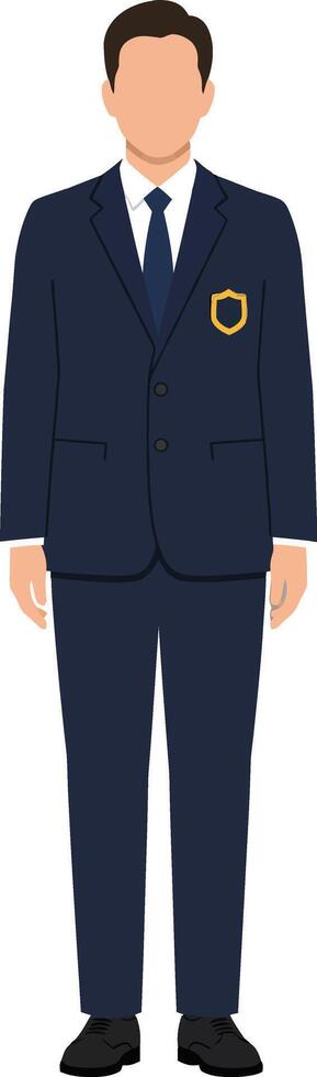 Professional man standing confidently in a navy suit with a badge in a flat illustration vector
