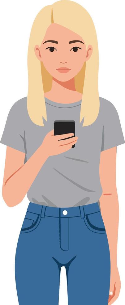 Young woman with blonde hair holding a smartphone, dressed in casual clothing, in a flat design style, illustration vector