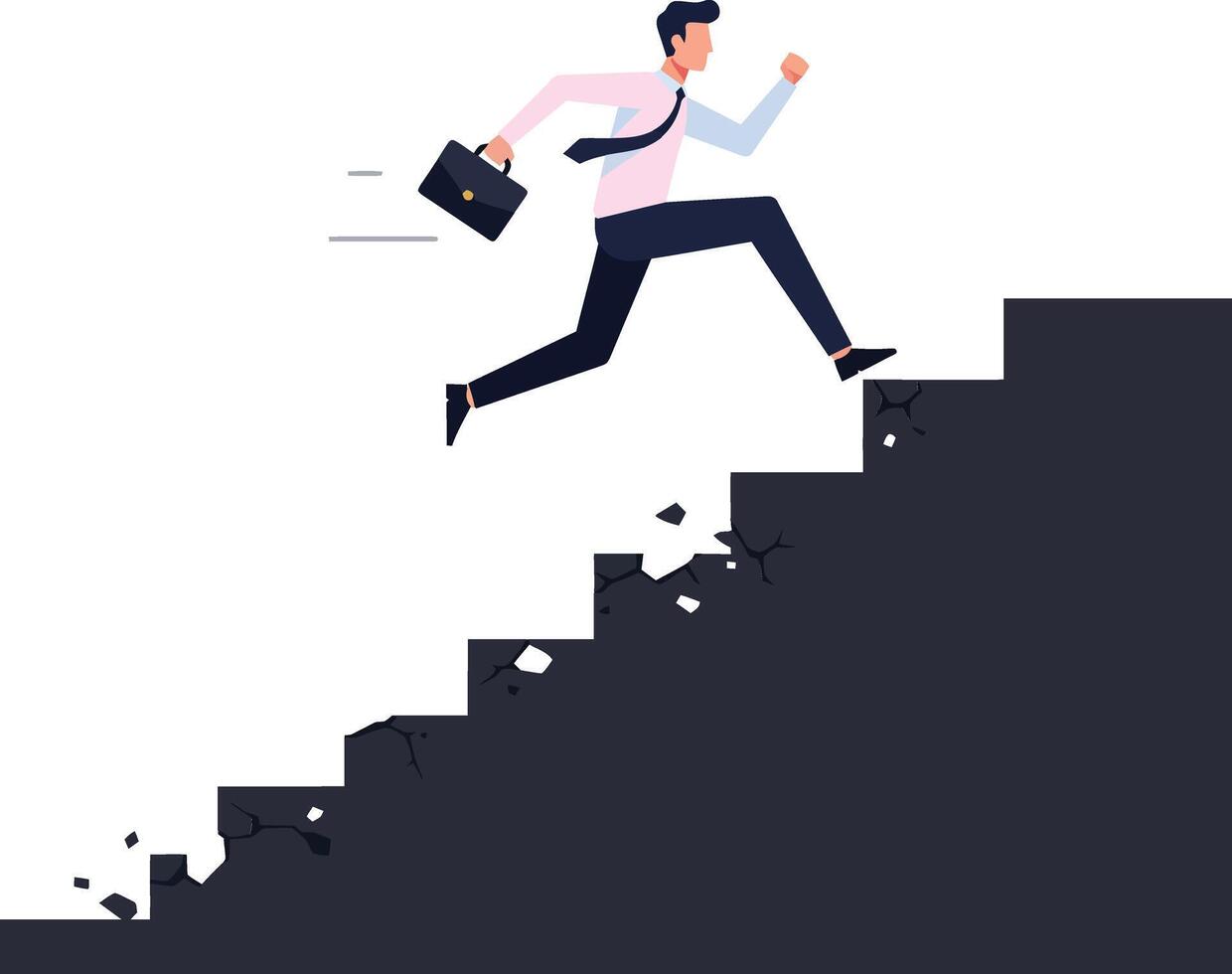 Businessman in a pink shirt and tie running up black stairs in a flat, minimal style illustration vector