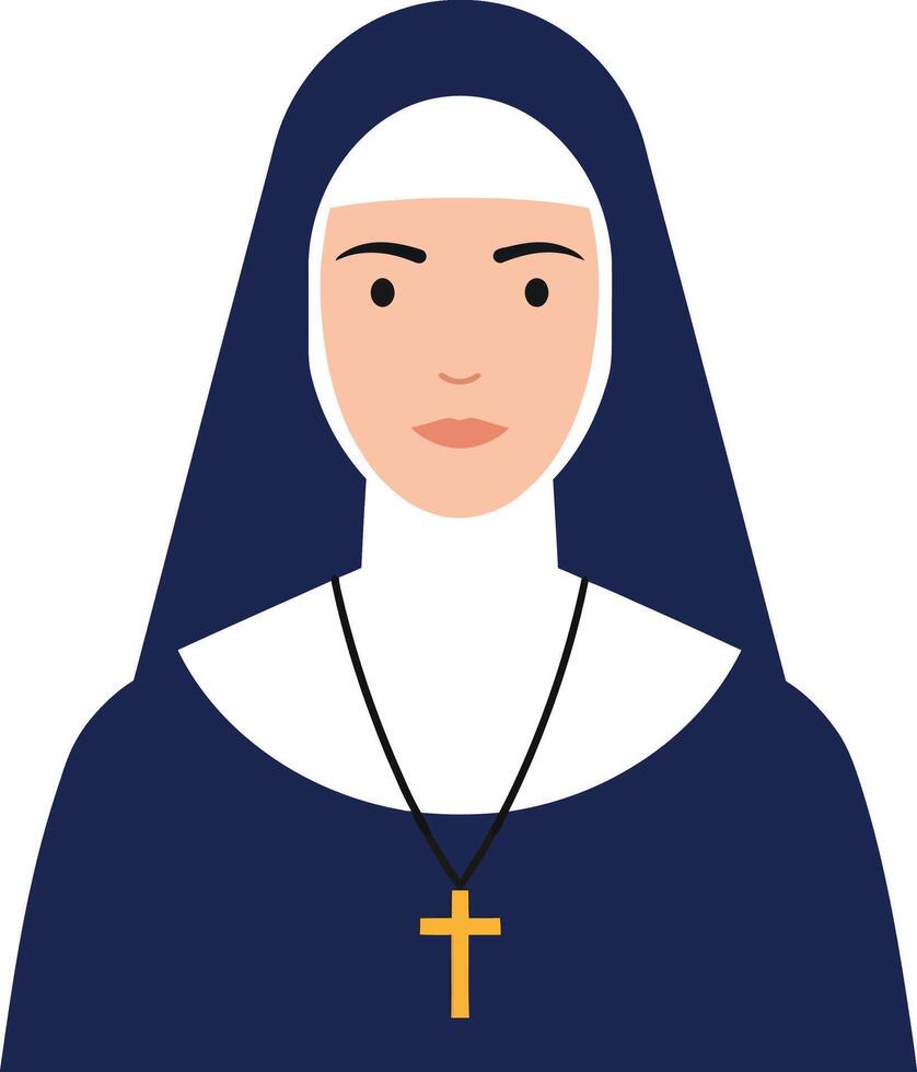 Nun wearing a traditional habit with a cross necklace in a flat, minimal design illustration vector