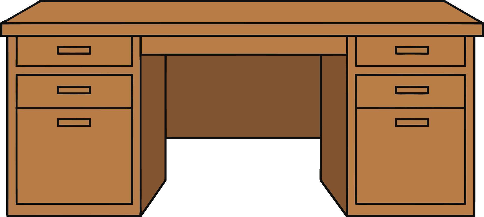Wooden office desk with multiple drawers in a flat, minimalist design, showcasing functionality and simplicity in art vector
