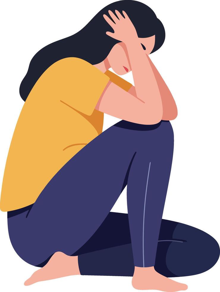A woman sitting on the floor with her knees drawn up, expressing sadness in a flat illustration that captures emotional vulnerability vector