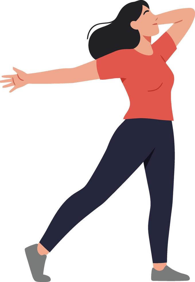 Young woman with flowing hair in casual outfit, joyfully dancing outdoors in a minimal and vibrant style, showcasing expressive movement in illustration vector