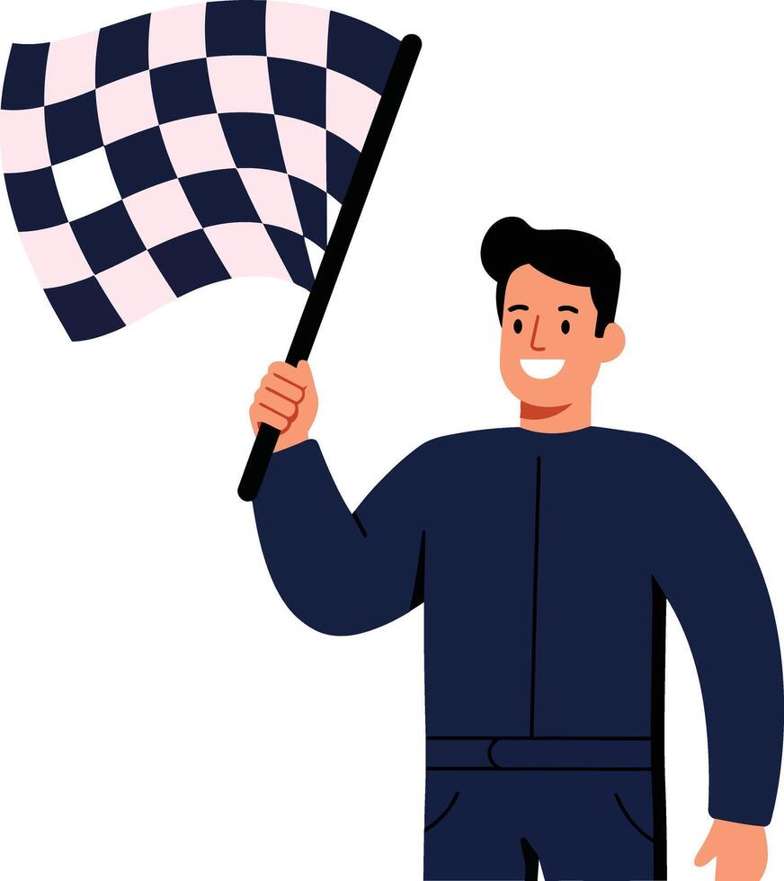 Cheerful man holding a checkered flag in a blue jumpsuit, flat illustration showcasing racing enthusiasm and celebratory atmosphere in vibrant colors, art vector