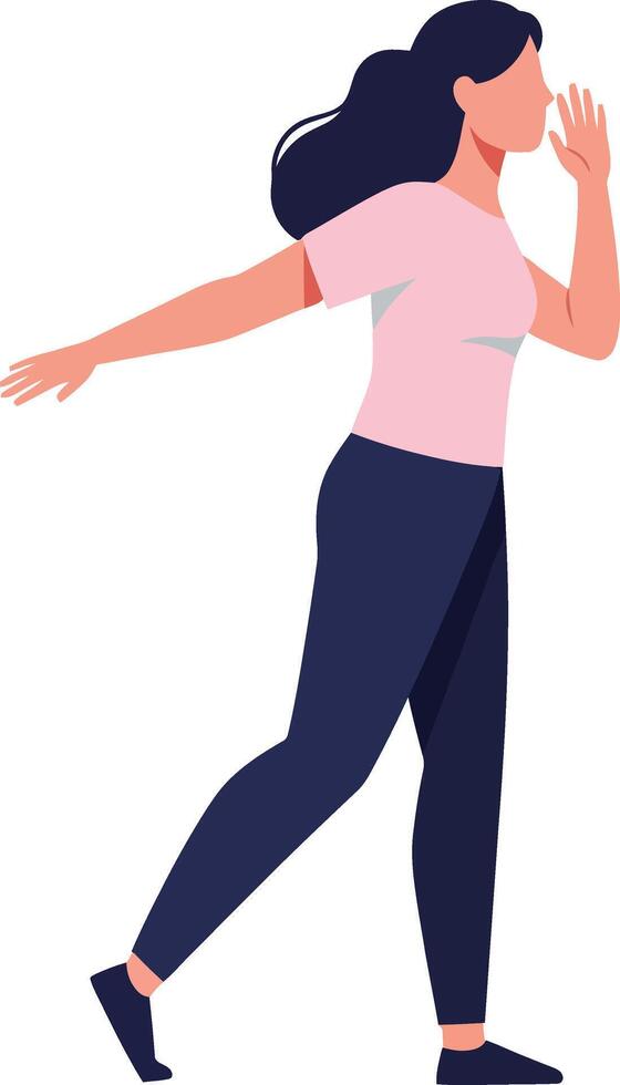 Woman walking gracefully in athletic wear with a playful expression in a flat design art vector