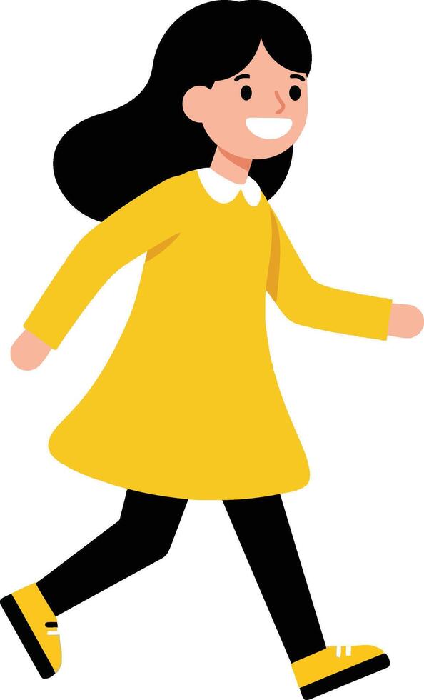 Cheerful girl in a yellow dress walking happily with a joyful expression in flat art vector