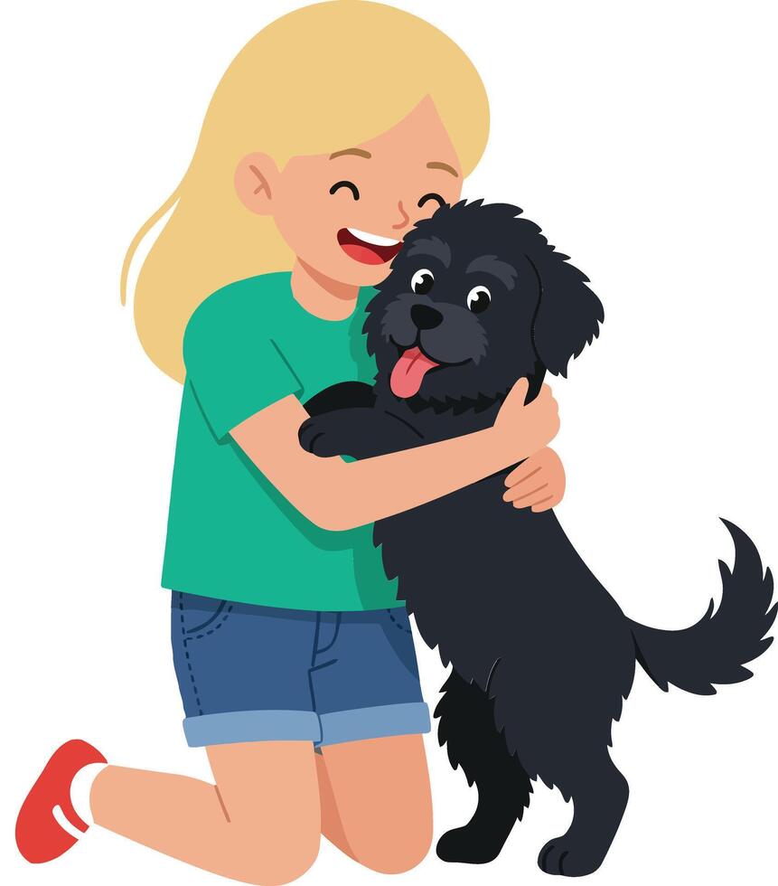 A cheerful girl in a green shirt joyfully hugs her playful black dog in flat illustration vector