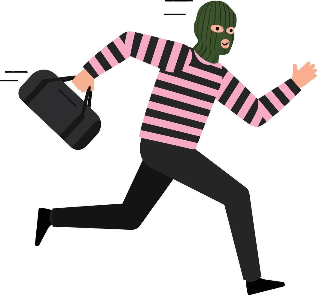 A masked individual in striped clothing running swiftly while carrying a black bag in a flat illustration emphasizing urgency and action vector