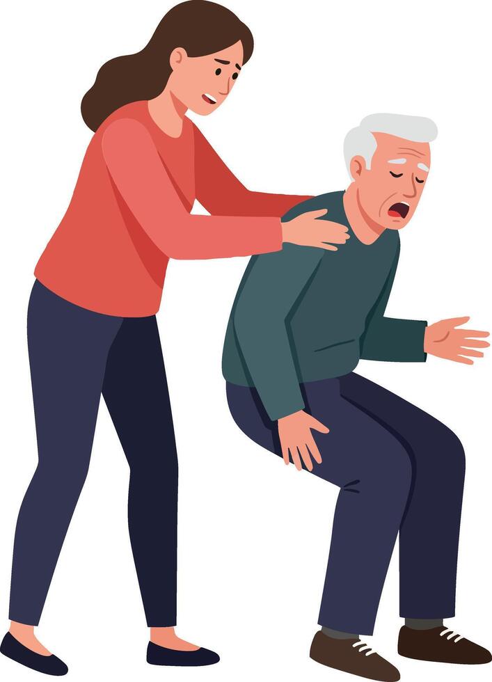 Caring woman assisting elderly man with mobility issues in flat illustration conveying support and compassion in a minimalistic style vector