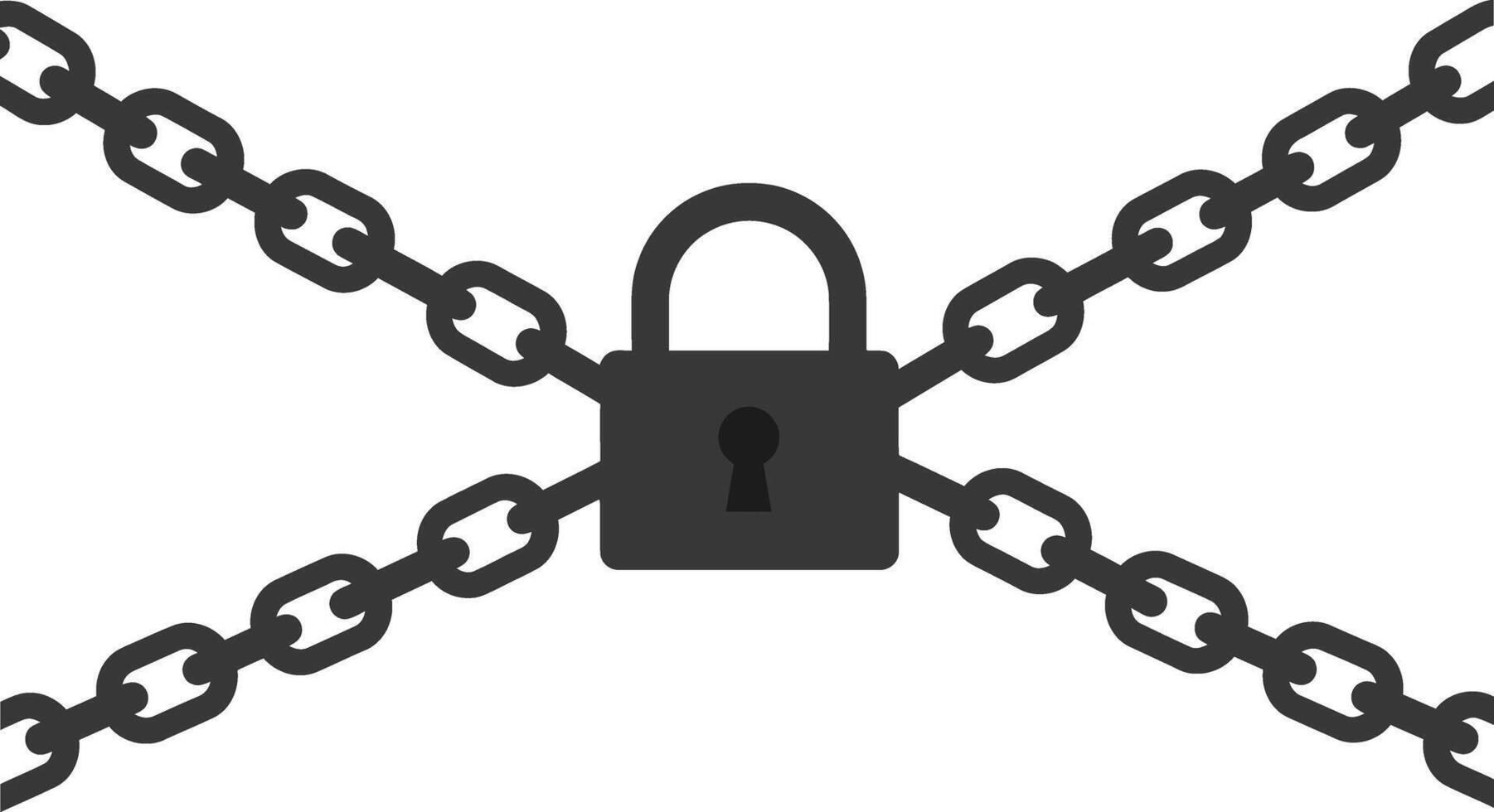 Black padlock at the center of intersecting chains in minimal design style representing security and protection in illustration vector