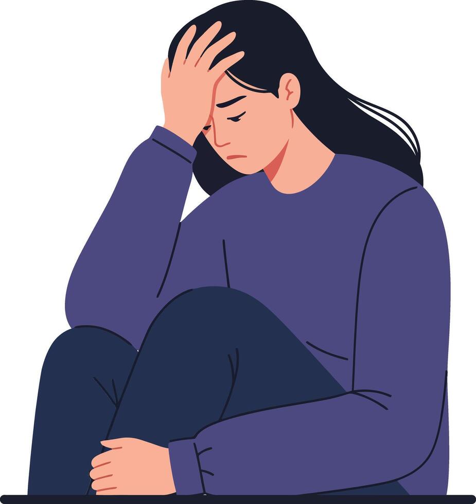 A woman sitting on the floor with her knees pulled up, looking distressed in a minimal flat design illustration vector