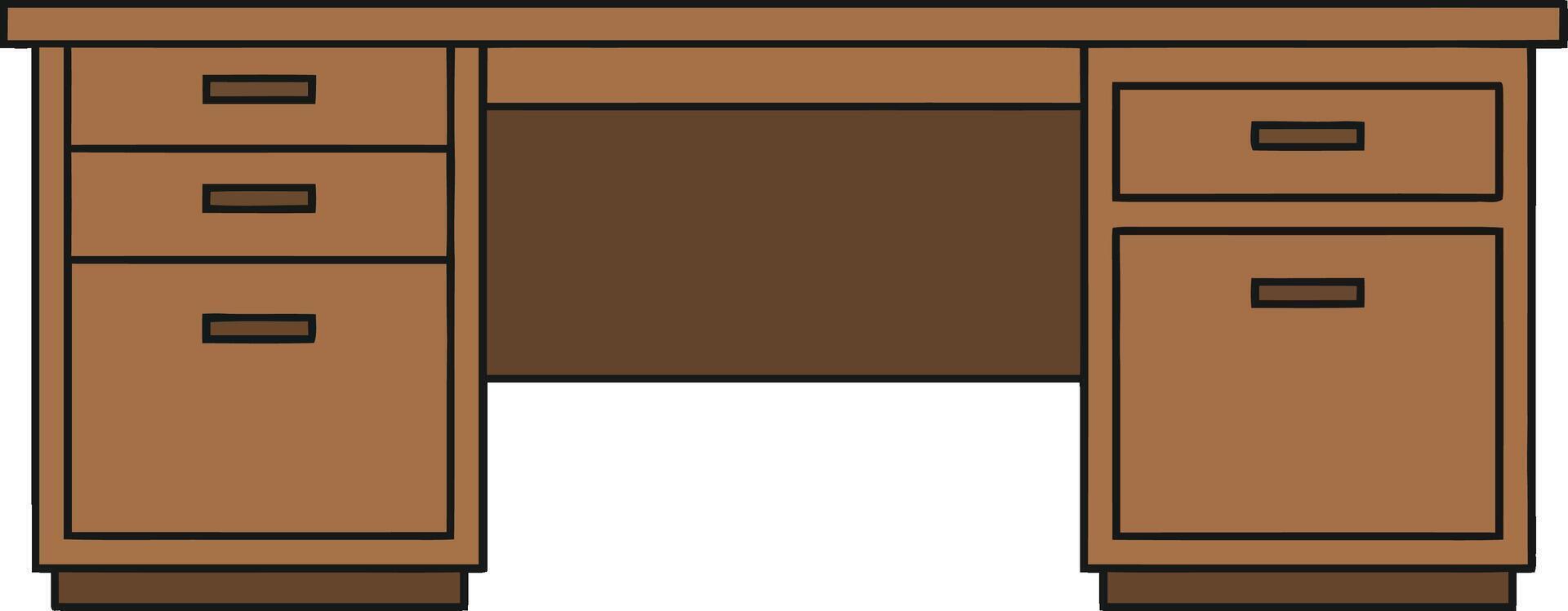 Wooden desk with multiple drawers in flat design style showcasing simplicity and functionality in a workspace setting illustration vector