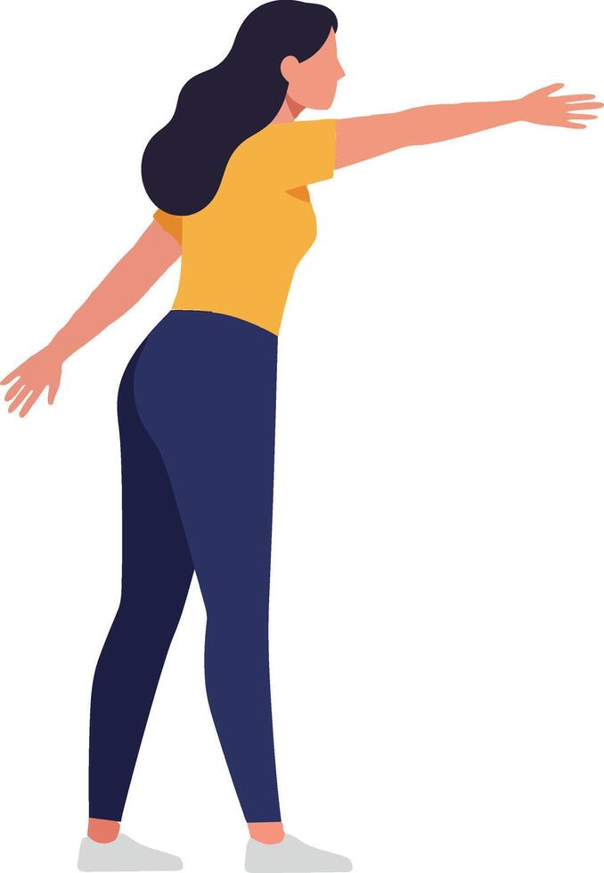 Woman in casual attire with outstretched arm, showcasing friendly gesture, in flat design art vector