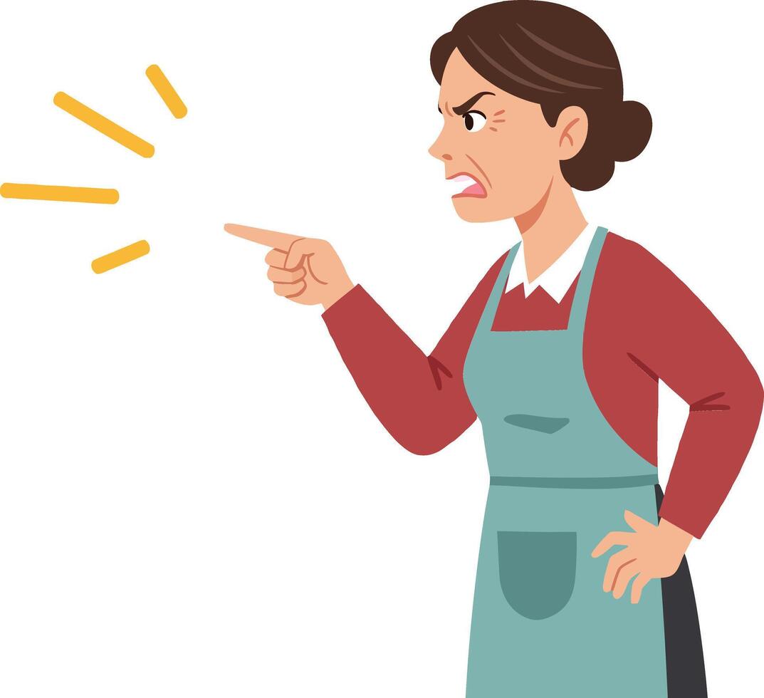 A woman wearing an apron in a confrontational pose expressing anger in a minimal flat design illustration vector