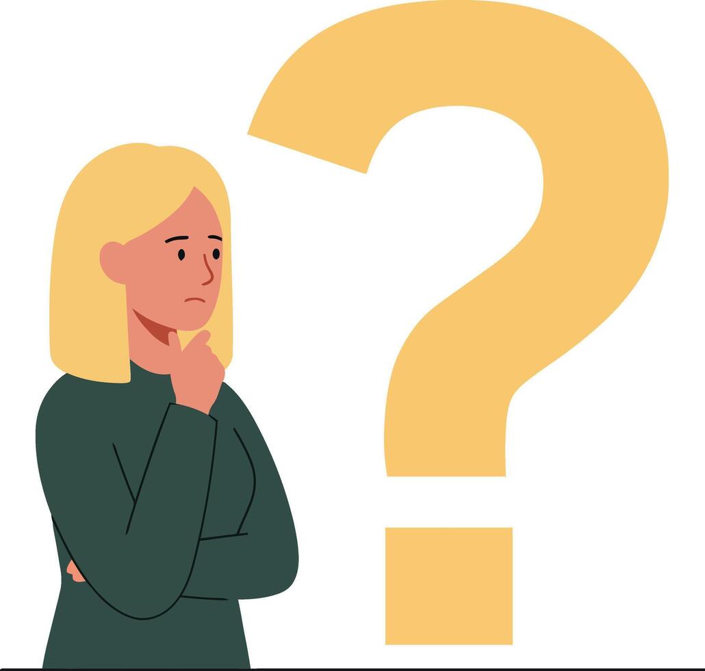 A thoughtful woman with blonde hair pondering in front of a large question mark, featuring a minimal design style, illustration vector