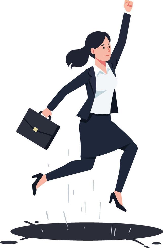 Businesswoman in a suit energetically jumping over a puddle in a flat design illustration vector