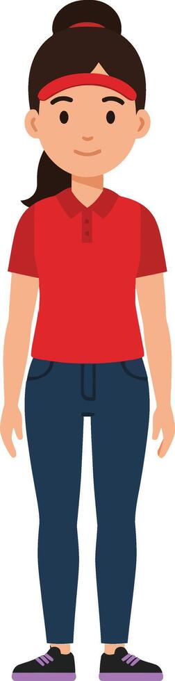 Young girl with a ponytail wearing a red polo shirt and jeans standing confidently in a flat illustration vector